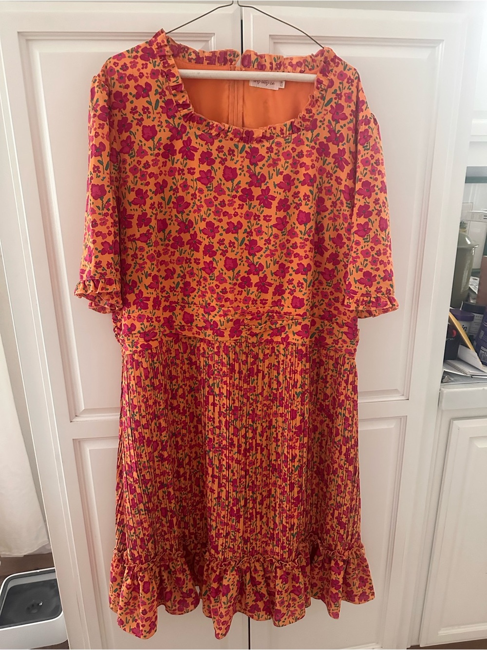 Ivy City Co Orange and Pink Floral Pleated Dress